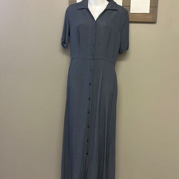 Eddie Bauer Vintage ButtonUp Short Sleeve Gray Abstract Maxi Dress- Medium Tall - Picture 1 of 15
